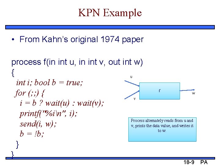 KPN Example • From Kahn’s original 1974 paper process f(in int u, in int