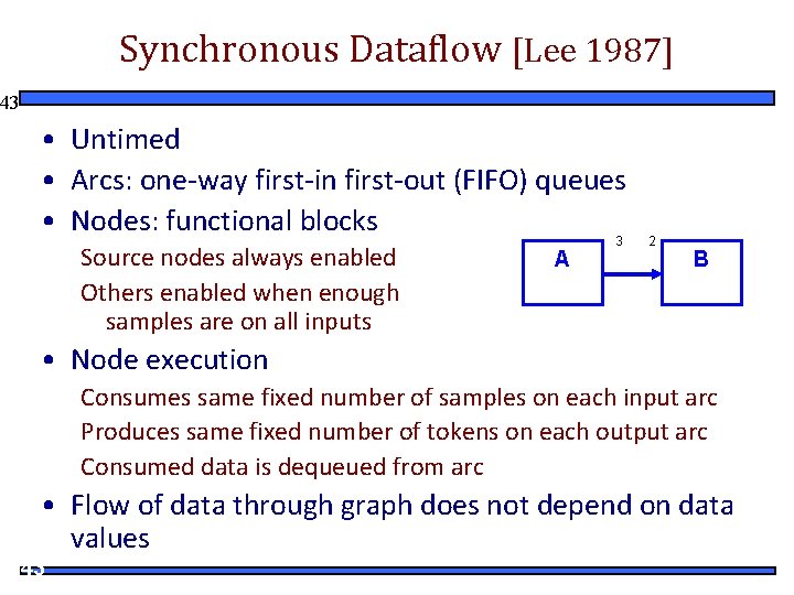 Synchronous Dataflow [Lee 1987] 43 • Untimed • Arcs: one-way first-in first-out (FIFO) queues
