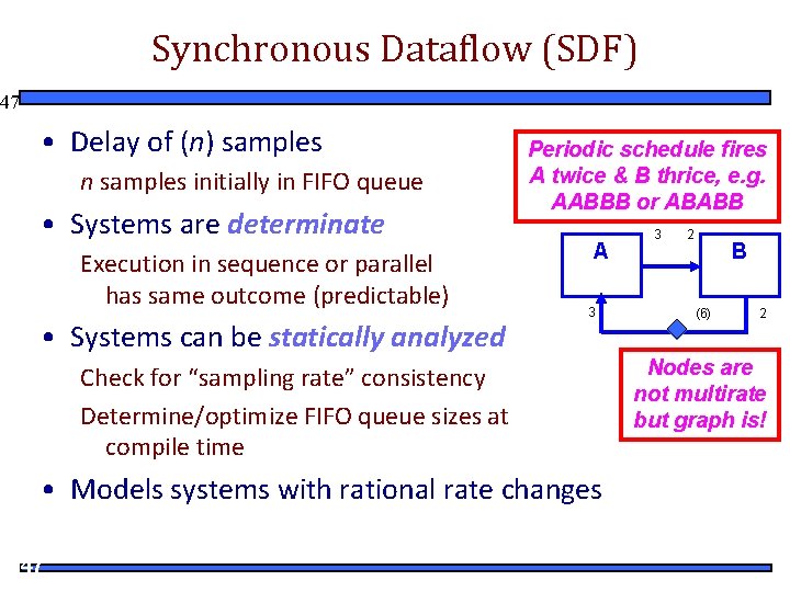 Synchronous Dataflow (SDF) 47 • Delay of (n) samples n samples initially in FIFO