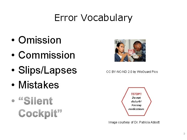 Error Vocabulary • • Omission Commission Slips/Lapses Mistakes CC BY-NC-ND 2. 0 by Wis.