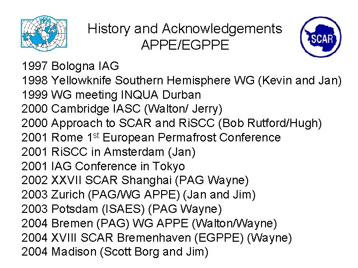History and Acknowledgements APPE/EGPPE 1997 Bologna IAG 1998 Yellowknife Southern Hemisphere WG (Kevin and