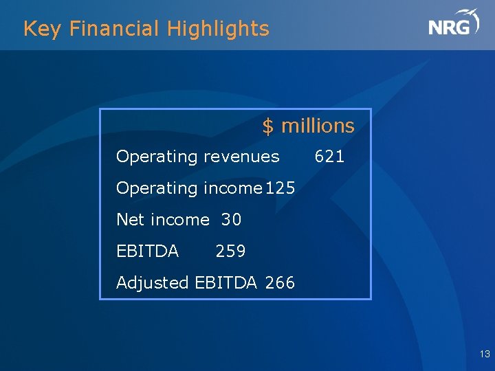 Key Financial Highlights $ millions Operating revenues 621 Operating income 125 Net income 30