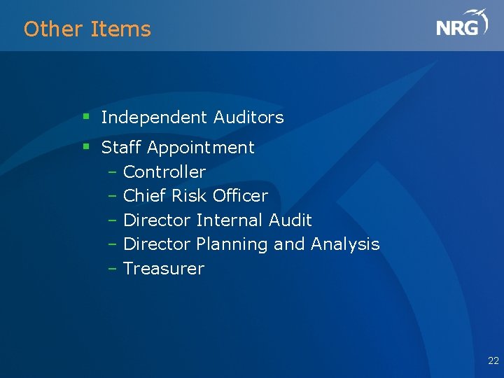 Other Items § Independent Auditors § Staff Appointment – Controller – Chief Risk Officer