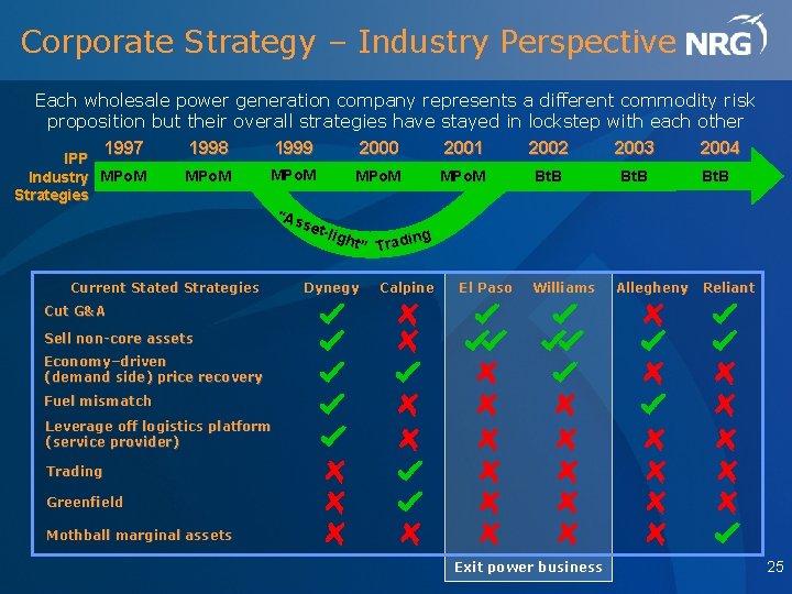 Corporate Strategy – Industry Perspective Each wholesale power generation company represents a different commodity