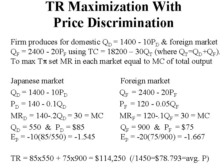 TR Maximization With Price Discrimination Firm produces for domestic QD = 1400 - 10