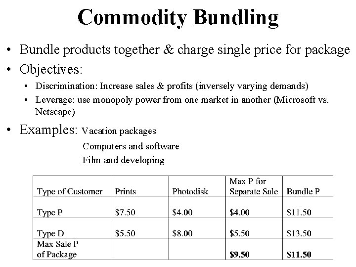 Commodity Bundling • Bundle products together & charge single price for package • Objectives: