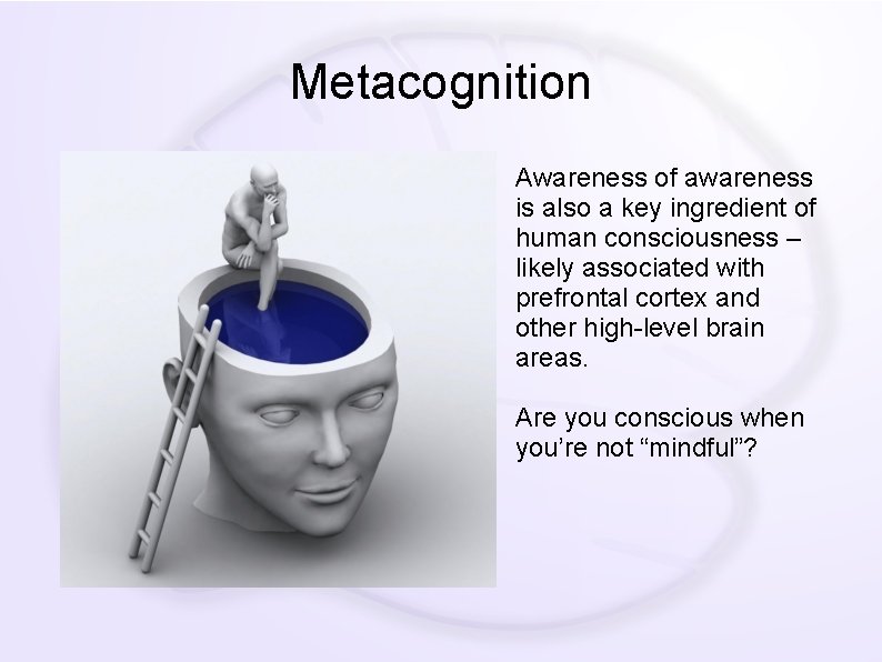 Metacognition Awareness of awareness is also a key ingredient of human consciousness – likely