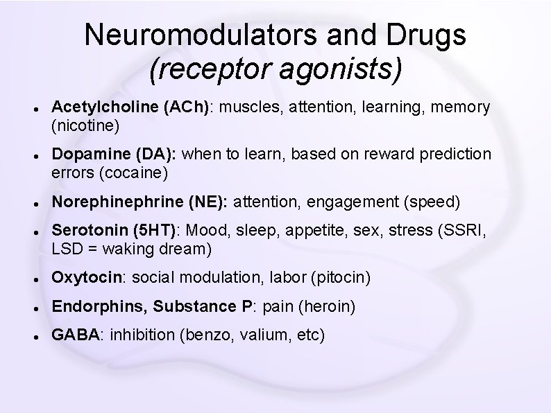 Neuromodulators and Drugs (receptor agonists) Acetylcholine (ACh): muscles, attention, learning, memory (nicotine) Dopamine (DA):