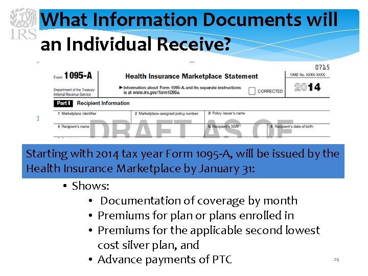 What Information Documents will an Individual Receive? Starting with 2014 tax year Form 1095
