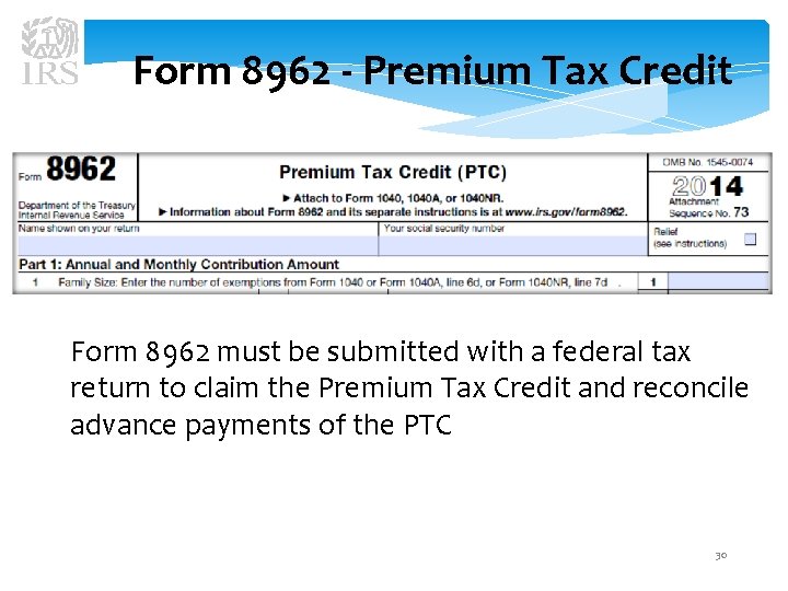 Form 8962 - Premium Tax Credit Form 8962 must be submitted with a federal
