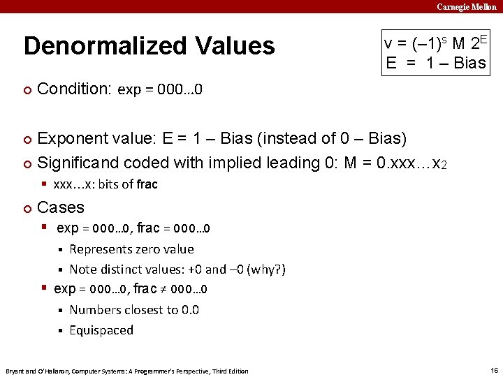 Carnegie Mellon Denormalized Values ¢ v = (– 1)s M 2 E E =