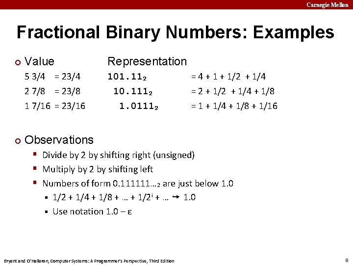 Carnegie Mellon Fractional Binary Numbers: Examples ¢ Value 5 3/4 = 23/4 2 7/8