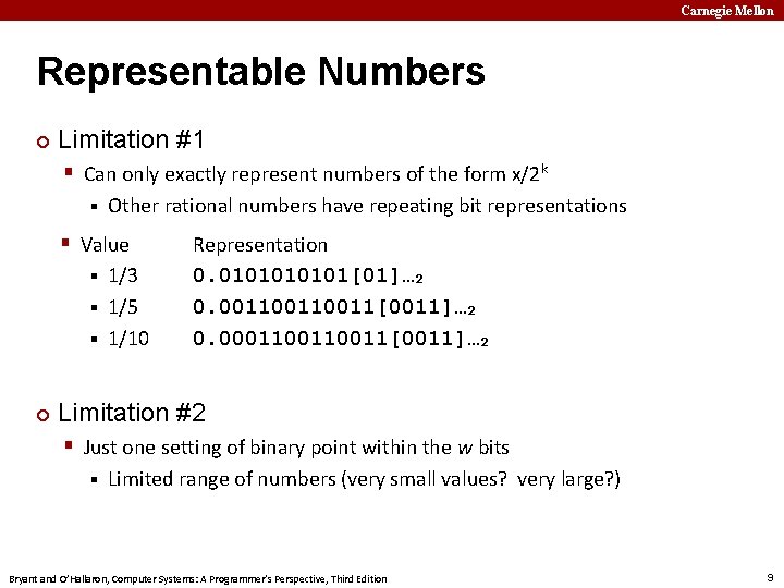 Carnegie Mellon Representable Numbers ¢ Limitation #1 § Can only exactly represent numbers of