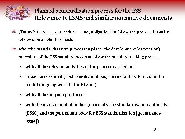 Planned standardisation process for the ESS Relevance to ESMS and similar normative documents „Today”: Planned standardisation process for the ESS Relevance to ESMS and similar normative documents „Today”: