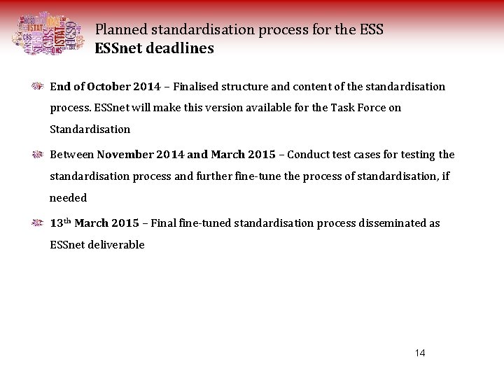 Planned standardisation process for the ESSnet deadlines End of October 2014 – Finalised structure Planned standardisation process for the ESSnet deadlines End of October 2014 – Finalised structure