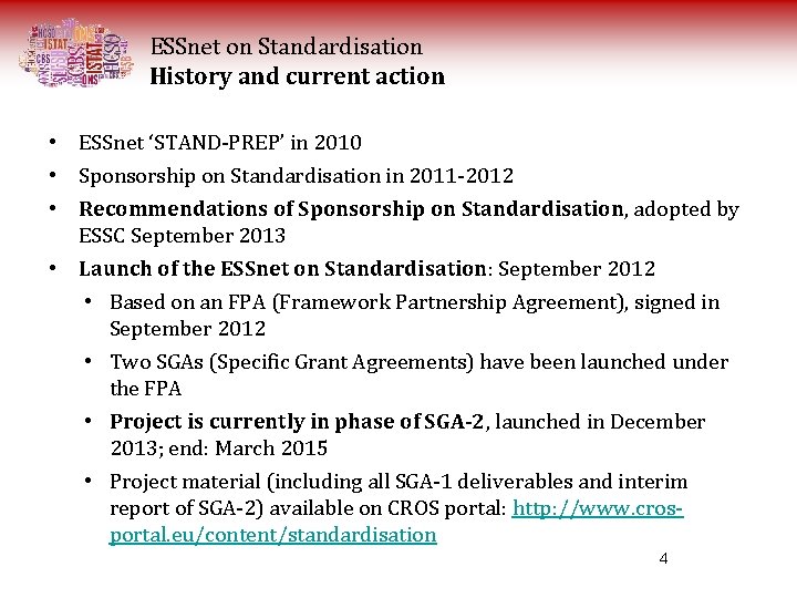 ESSnet on Standardisation History and current action • ESSnet ‘STAND-PREP’ in 2010 • Sponsorship ESSnet on Standardisation History and current action • ESSnet ‘STAND-PREP’ in 2010 • Sponsorship