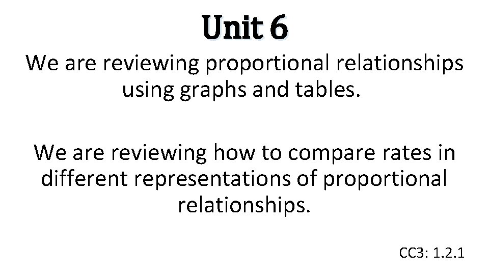 Unit 6 We are reviewing proportional relationships using graphs and tables. We are reviewing