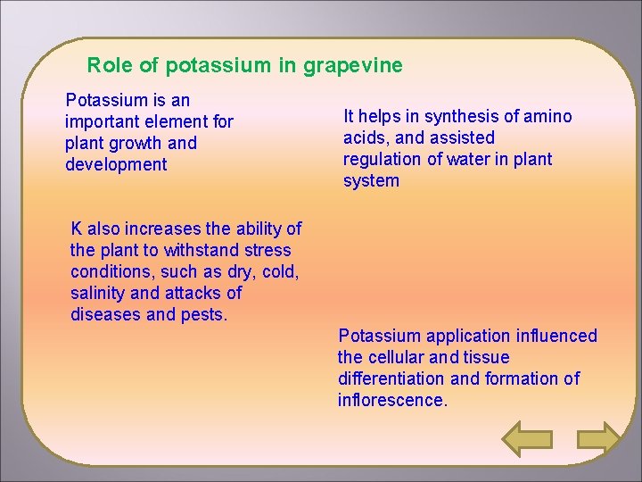 Role of potassium in grapevine Potassium is an important element for plant growth and