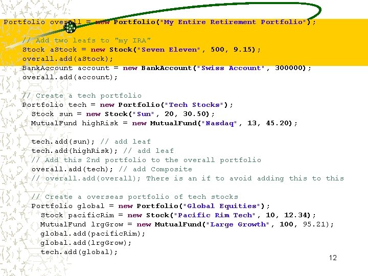 Portfolio overall = new Portfolio("My Entire Retirement Portfolio"); // Add two leafs to "my