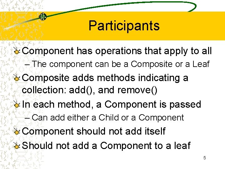 Participants Component has operations that apply to all – The component can be a