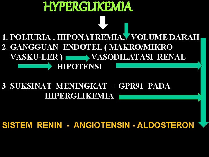 HYPERGLIKEMIA 1. POLIURIA , HIPONATREMIA, VOLUME DARAH 2. GANGGUAN ENDOTEL ( MAKRO/MIKRO VASKU-LER )