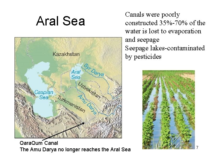 Aral Sea Canals were poorly constructed 35%-70% of the water is lost to evaporation