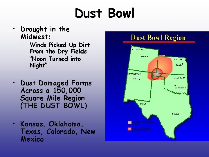 Dust Bowl • Drought in the Midwest: – Winds Picked Up Dirt From the