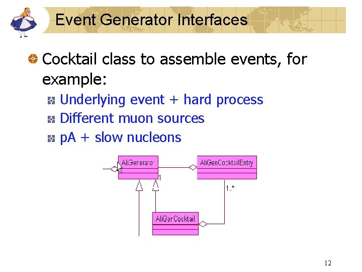 Event Generator Interfaces Cocktail class to assemble events, for example: Underlying event + hard