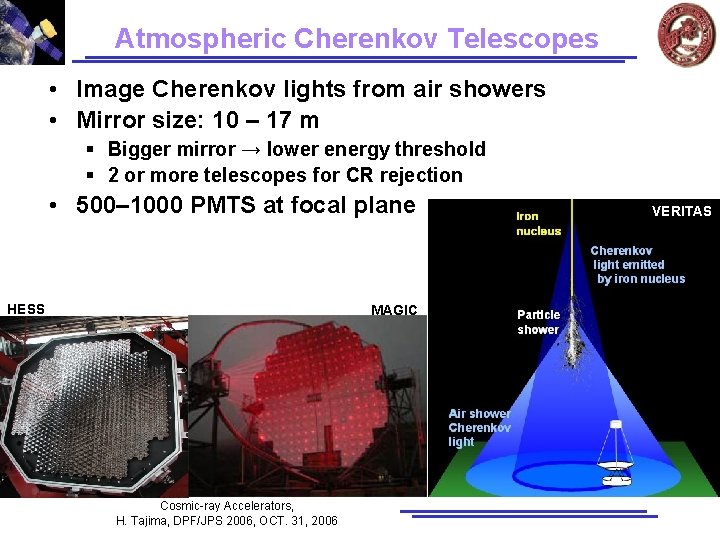 Atmospheric Cherenkov Telescopes • Image Cherenkov lights from air showers • Mirror size: 10 Atmospheric Cherenkov Telescopes • Image Cherenkov lights from air showers • Mirror size: 10