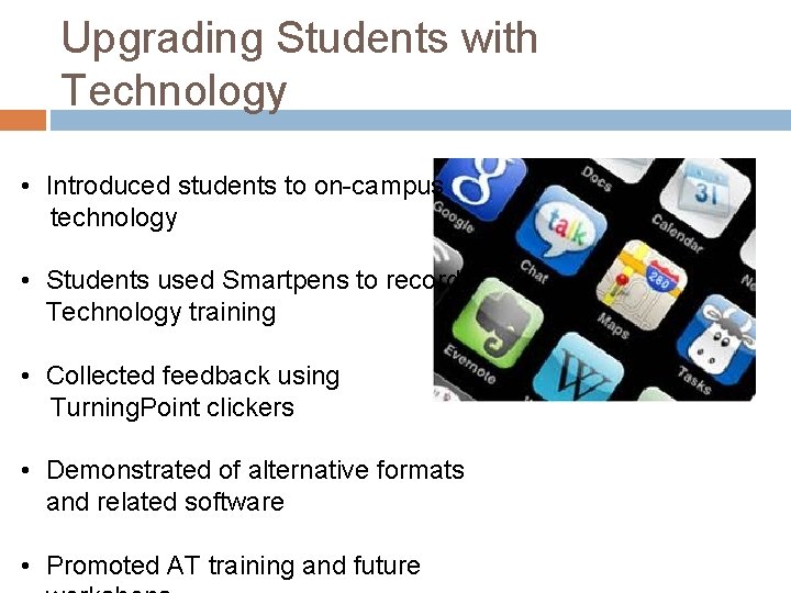 Upgrading Students with Technology • Introduced students to on-campus technology • Students used Smartpens