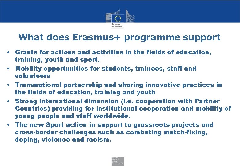 What does Erasmus+ programme support • Grants for actions and activities in the fields