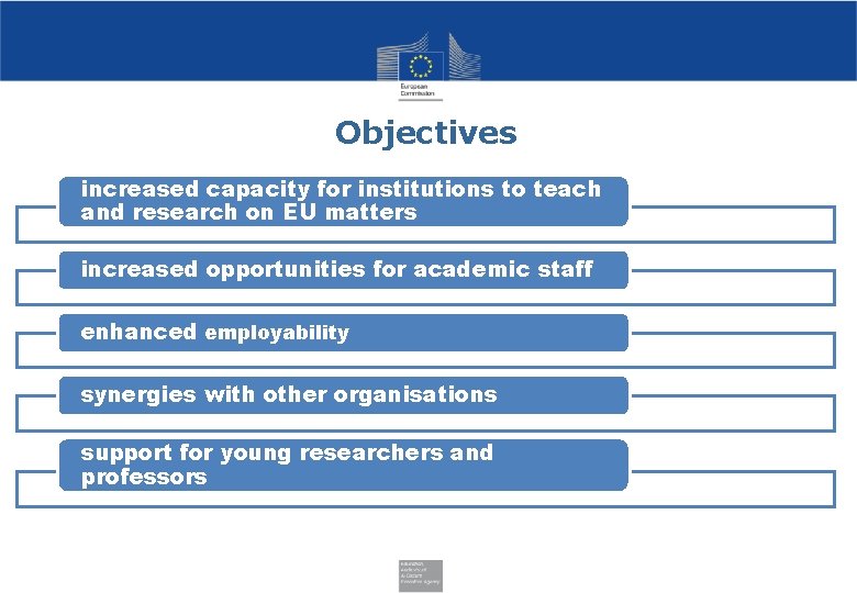 Objectives increased capacity for institutions to teach and research on EU matters increased opportunities