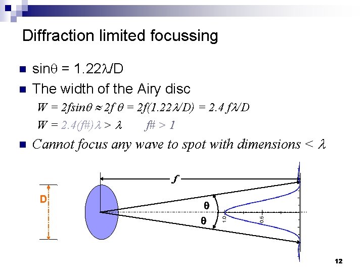 Diffraction limited focussing n n sin = 1. 22 /D The width of the