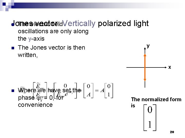 The electric field. Vertically polarized light Jones vector: n n oscillations are only along