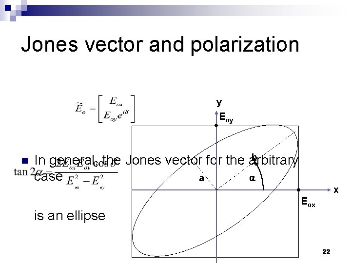 Jones vector and polarization y Eoy n b In general, the Jones vector for