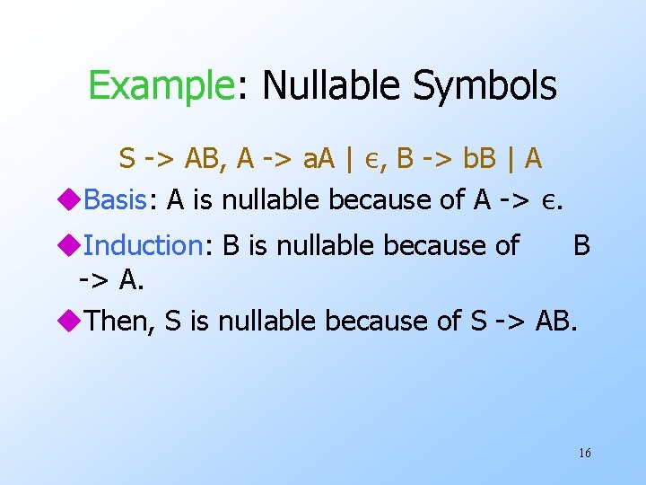 Example: Nullable Symbols S -> AB, A -> a. A | ε, B ->