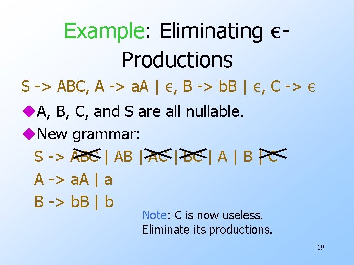 Example: Eliminating εProductions S -> ABC, A -> a. A | ε, B ->