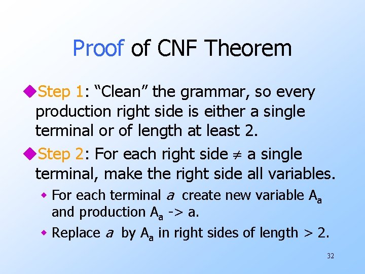 Proof of CNF Theorem u. Step 1: “Clean” the grammar, so every production right