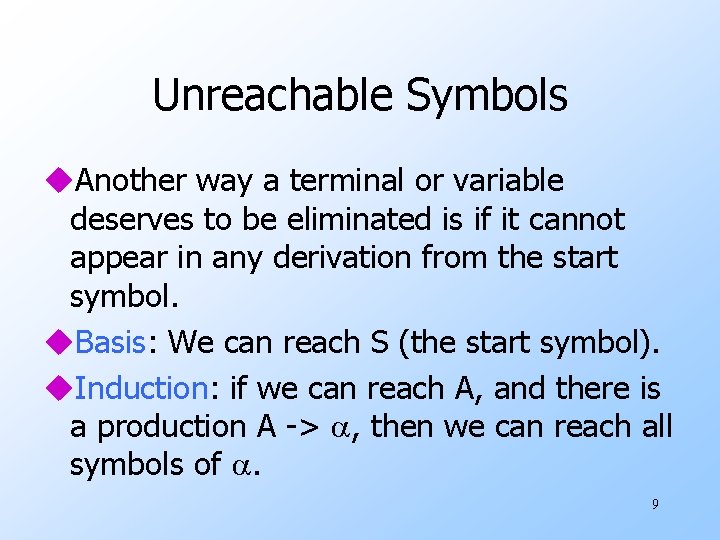 Unreachable Symbols u. Another way a terminal or variable deserves to be eliminated is