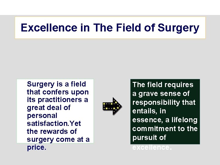 Excellence in The Field of Surgery is a field that confers upon its practitioners