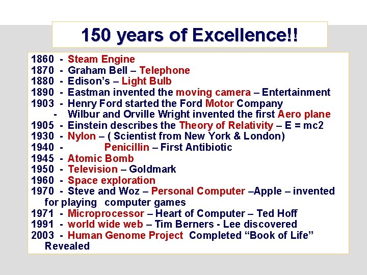 150 years of Excellence!! 1860 - Steam Engine 1870 - Graham Bell – Telephone