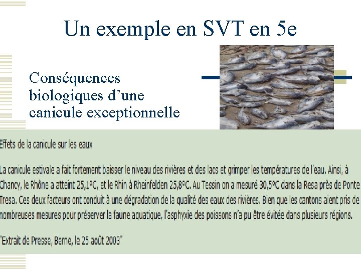 Un exemple en SVT en 5 e Conséquences biologiques d’une canicule exceptionnelle Un exemple en SVT en 5 e Conséquences biologiques d’une canicule exceptionnelle