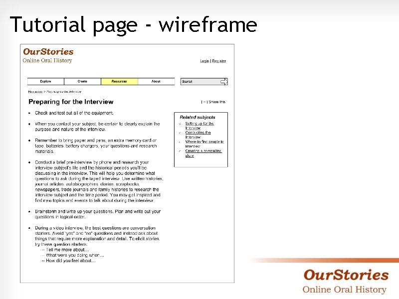 Tutorial page - wireframe 