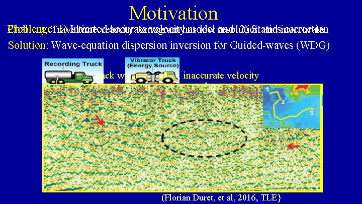 Motivation Challenge: 1) Inverted accurate velocityhas model and 2) Statics correction. Problem: Traveltime velocity