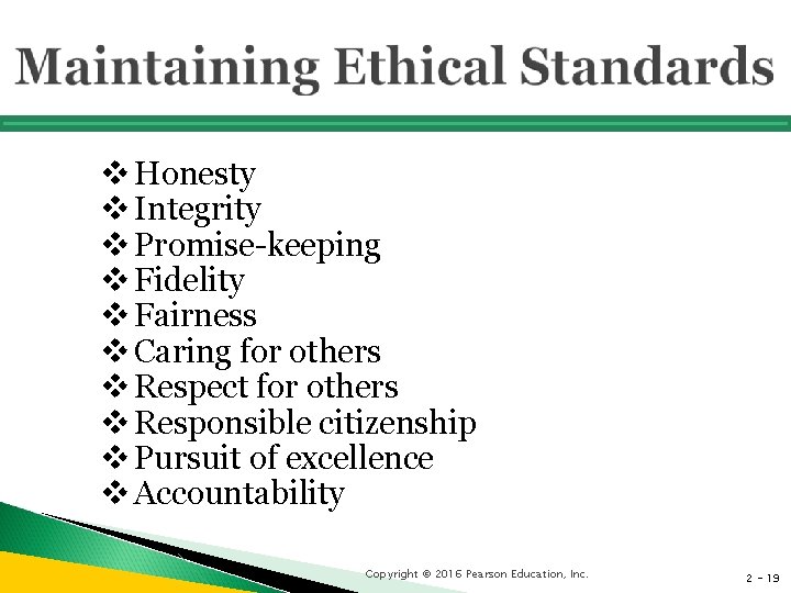 v Honesty v Integrity v Promise-keeping v Fidelity v Fairness v Caring for others