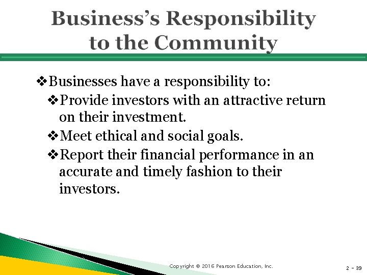 v. Businesses have a responsibility to: v. Provide investors with an attractive return on