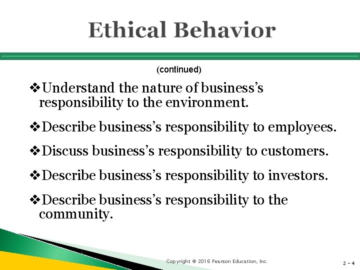 (continued) v. Understand the nature of business’s responsibility to the environment. v. Describe business’s