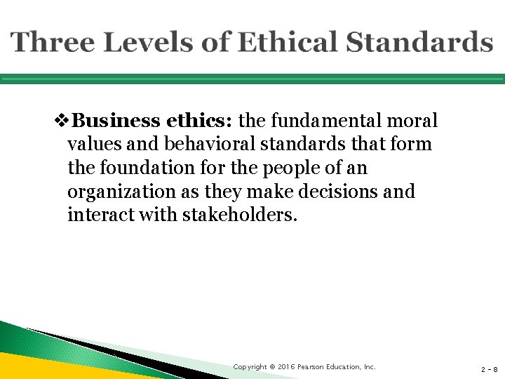 v. Business ethics: the fundamental moral values and behavioral standards that form the foundation