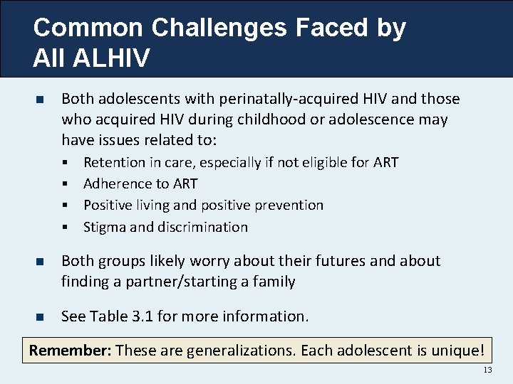 Common Challenges Faced by All ALHIV n Both adolescents with perinatally-acquired HIV and those