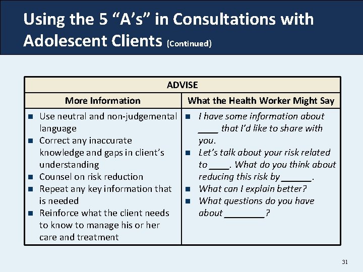 Using the 5 “A’s” in Consultations with Adolescent Clients (Continued) ADVISE More Information n